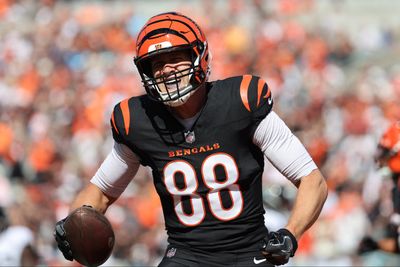 Oct 4, 2026; Cincinnati, Ohio, USA;  Cincinnati Bengals tight end Mike Gesicki (88) reacts after scoring a touchdown during the third quarter against the Jacksonville Jaguars at Paycor Stadium.  Mandatory Credit: Joseph Maiorana-Imagn Images