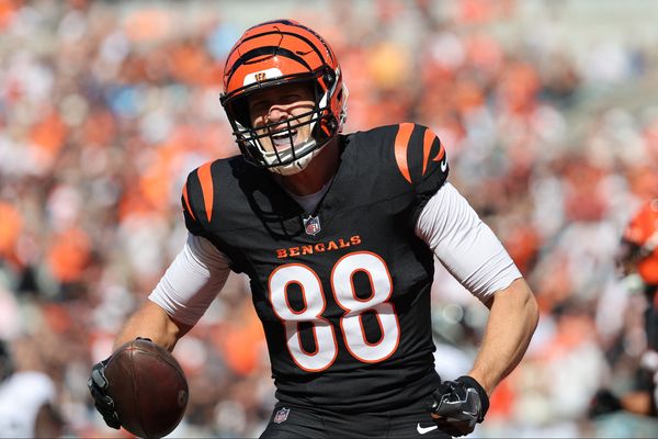 Oct 4, 2026; Cincinnati, Ohio, USA;  Cincinnati Bengals tight end Mike Gesicki (88) reacts after scoring a touchdown during the third quarter against the Jacksonville Jaguars at Paycor Stadium.  Mandatory Credit: Joseph Maiorana-Imagn Images