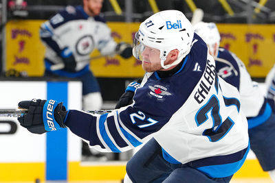 Apr 3, 2025; Las Vegas, Nevada, USA; Winnipeg Jets left wing Nikolaj Ehlers (27) warms up before a game against the Vegas Golden Knights at T-Mobile Arena. Mandatory Credit: Stephen R. Sylvanie-Imagn Images