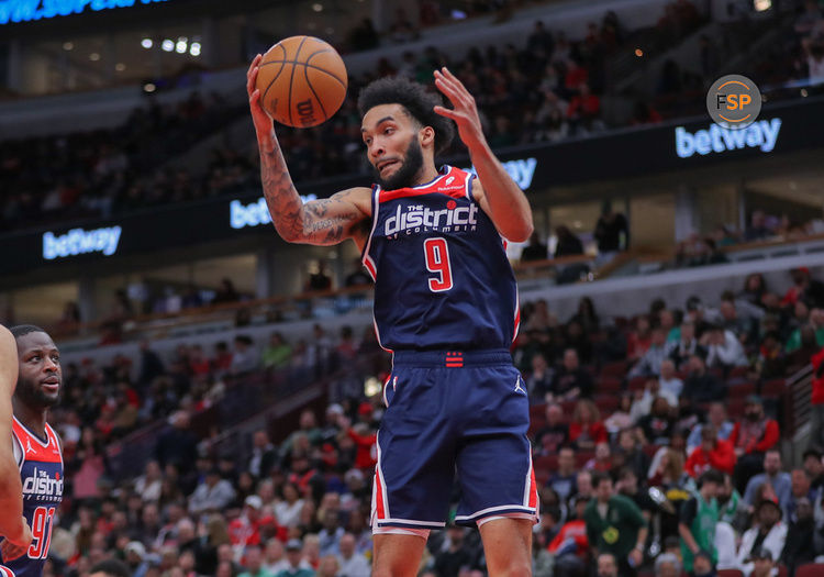 CHICAGO, IL - MARCH 16: Justin Champagnie #9 of the Washington Wizards grabs the rebound during the second half at the United Center on March 16, 2024 in Chicago, Illinois. (Photo by Melissa Tamez/Icon Sportswire)