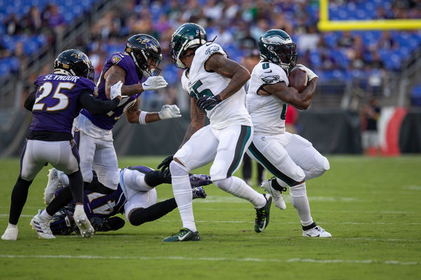 BALTIMORE, MD - AUGUST 12: Philadelphia Eagles running back D'Andre Swift (0) breaks a tackle and keeps running during an NFL pre-season game between the Philadelphia Eagles and the Baltimore Ravens on August 12, 2023, at M&T Bank Stadium in Baltimore, Maryland. (Photo by Charles Brock/Icon Sportswire)