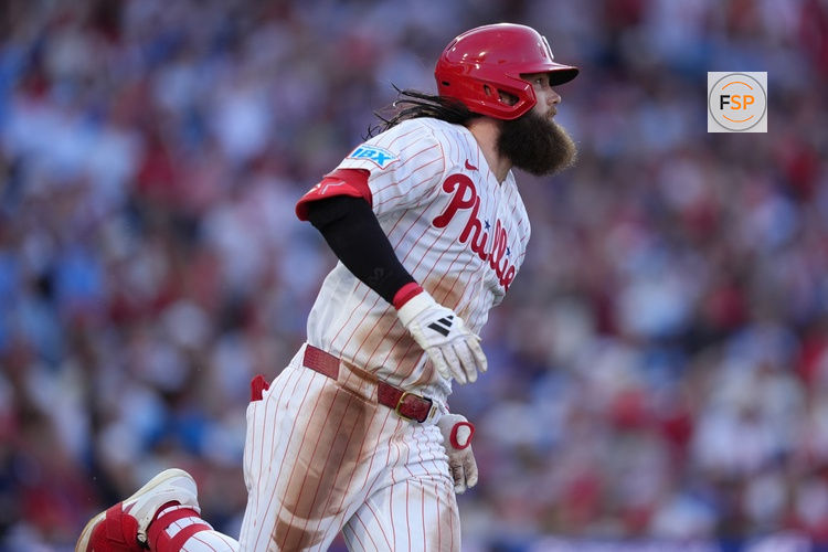 Jun 16, 2026; Philadelphia, Pennsylvania, USA; Philadelphia Phillies outfielder Brandon Marsh (16) rounds the bases after hitting a two-run home run against the Miami Marlins in the second inning at Citizens Bank Park. Credit: Kyle Ross-Imagn Images