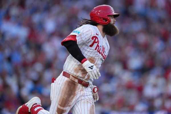 Jun 16, 2026; Philadelphia, Pennsylvania, USA; Philadelphia Phillies outfielder Brandon Marsh (16) rounds the bases after hitting a two-run home run against the Miami Marlins in the second inning at Citizens Bank Park. Mandatory Credit: Kyle Ross-Imagn Images