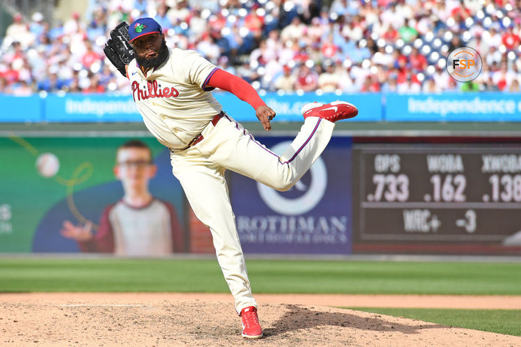 Apr 20, 2025; Philadelphia, Pennsylvania, USA; Philadelphia Phillies pitcher José Alvarado (46) throws a pitch during the ninth inning against the Miami Marlins at Citizens Bank Park. Credit: Eric Hartline-Imagn Images