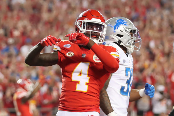 KANSAS CITY, MO - SEPTEMBER 07: Kansas City Chiefs wide receiver Rashee Rice (4) celebrates a 1-yard touchdown reception in the second quarter of an NFL game between the Detroit Lions and Kansas City Chiefs on Sep 7, 2023 at GEHA Field at Arrowhead Stadium in Kansas City, MO. (Photo by Scott Winters/Icon Sportswire)