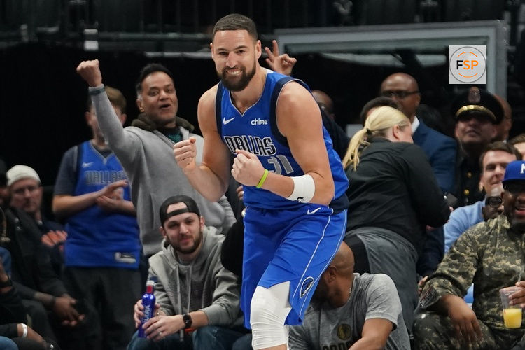 Jan 15, 2026; Dallas, Texas, USA;  Dallas Mavericks guard Klay Thompson (31) reacts after hitting a three point basket to move to fourth on the all time NBA three point baskets made list during the first half against the Utah Jazz at American Airlines Center. Credit: Raymond Carlin III-Imagn Images