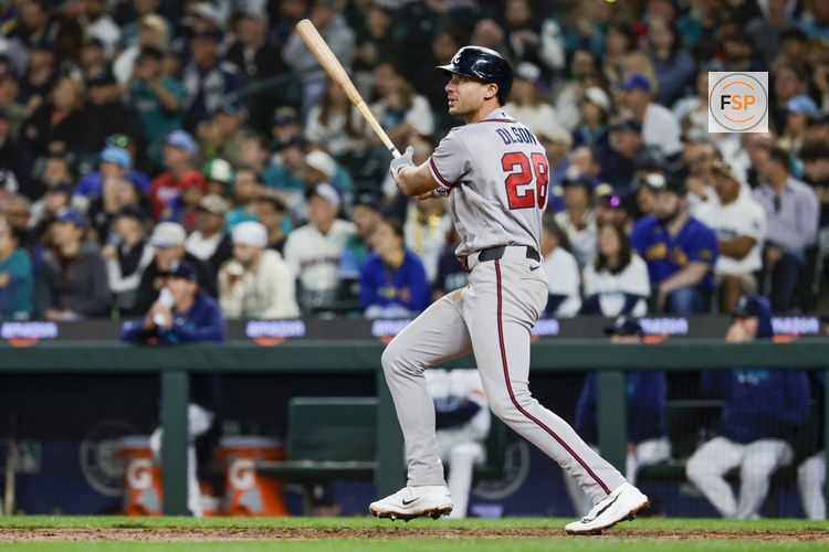 May 5, 2026; Seattle, Washington, USA; Atlanta Braves first baseman Matt Olson (28) hits a solo-home run against the Seattle Mariners during the ninth inning at T-Mobile Park. Credit: Joe Nicholson-Imagn Images