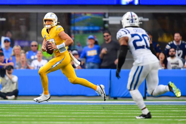 Oct 19, 2025; Inglewood, California, USA; Los Angeles Chargers quarterback Justin Herbert (10) runs the ball in the second half against the Indianapolis Colts at SoFi Stadium. Mandatory Credit: Gary A. Vasquez-Imagn Images