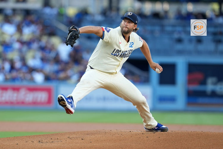 Aug 24, 2024; Los Angeles, California, USA; Los Angeles Dodgers starting pitcher Clayton Kershaw (22) throws in the first inning against the Tampa Bay Rays at Dodger Stadium. Credit: Kirby Lee-USA TODAY Sports