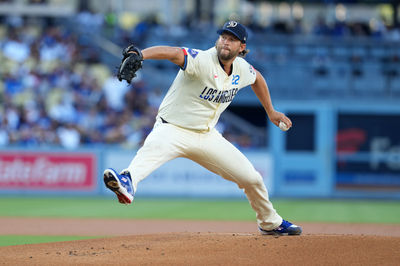 Aug 24, 2024; Los Angeles, California, USA; Los Angeles Dodgers starting pitcher Clayton Kershaw (22) throws in the first inning against the Tampa Bay Rays at Dodger Stadium. Mandatory Credit: Kirby Lee-USA TODAY Sports