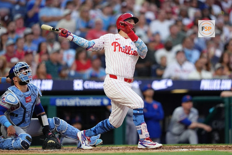 Jun 21, 2026; Philadelphia, Pennsylvania, USA; Philadelphia Phillies designated hitter Kyle Schwarber (12) hits a three-run home run against the New York Mets in the second inning at Citizens Bank Park. Credit: Kyle Ross-Imagn Images