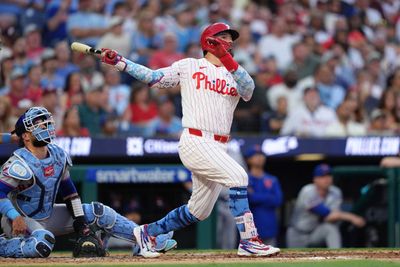 Jun 21, 2026; Philadelphia, Pennsylvania, USA; Philadelphia Phillies designated hitter Kyle Schwarber (12) hits a three-run home run against the New York Mets in the second inning at Citizens Bank Park. Mandatory Credit: Kyle Ross-Imagn Images