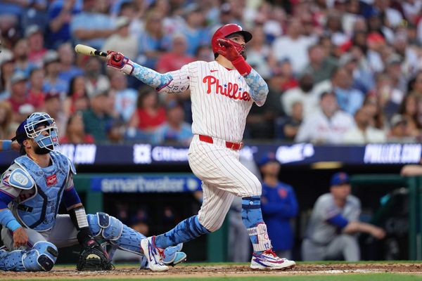 Jun 21, 2026; Philadelphia, Pennsylvania, USA; Philadelphia Phillies designated hitter Kyle Schwarber (12) hits a three-run home run against the New York Mets in the second inning at Citizens Bank Park. Mandatory Credit: Kyle Ross-Imagn Images