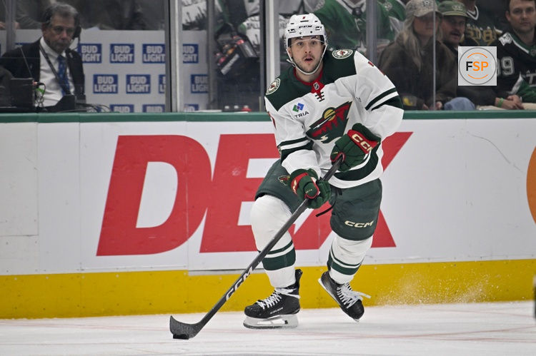Apr 28, 2026; Dallas, Texas, USA; Minnesota Wild defenseman Brock Faber (7) skates against the Dallas Stars in game five of the first round of the 2026 Stanley Cup Playoffs at American Airlines Center. Credit: Jerome Miron-Imagn Images