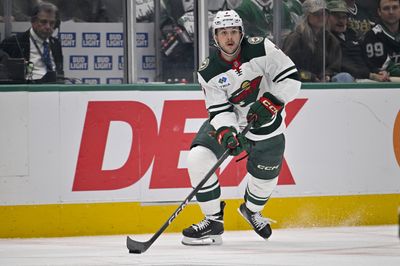 Apr 28, 2026; Dallas, Texas, USA; Minnesota Wild defenseman Brock Faber (7) skates against the Dallas Stars in game five of the first round of the 2026 Stanley Cup Playoffs at American Airlines Center. Mandatory Credit: Jerome Miron-Imagn Images