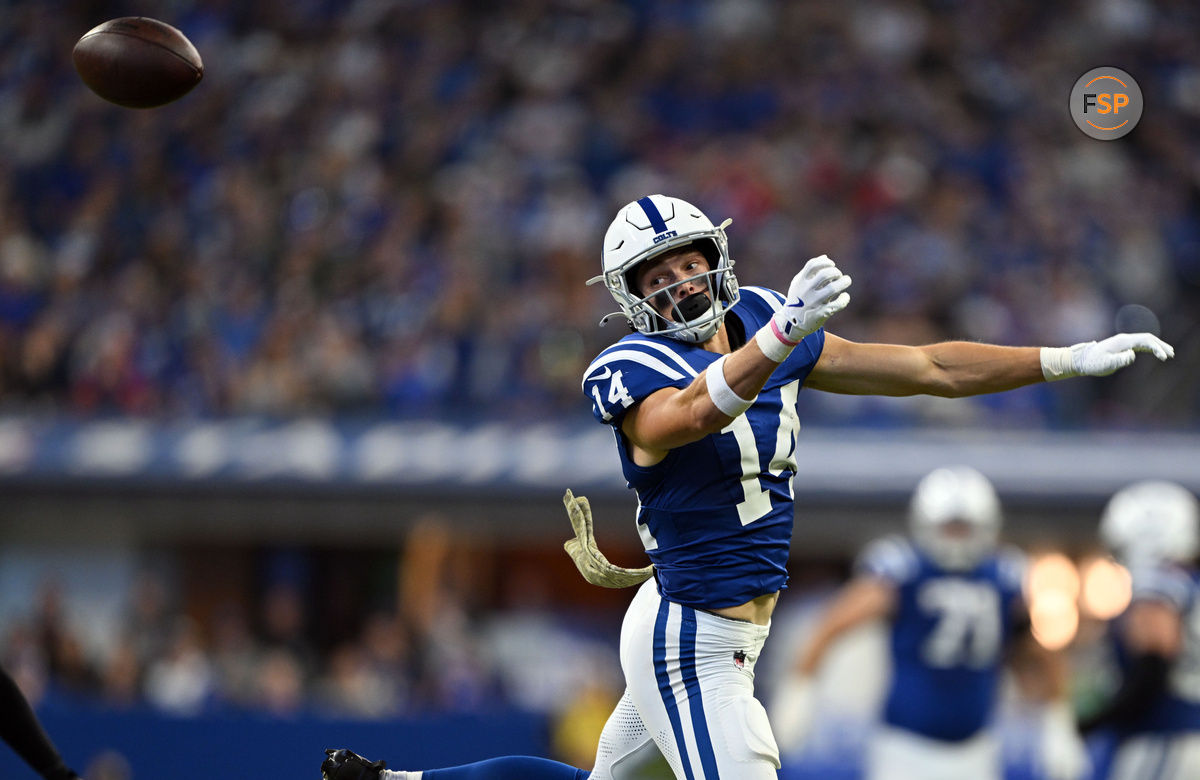 Nov 10, 2024; Indianapolis, Indiana, USA; Indianapolis Colts wide receiver Alec Pierce (14) looks at a ball that is overthrown during the second half against the Buffalo Bills at Lucas Oil Stadium. Credit: Marc Lebryk-Imagn Images