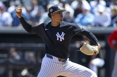 Mar 18, 2026; Tampa, Florida, USA; New York Yankees pitcher Carlos Lagrange (84) throws a pitch against the Boston Red Sox in the fifth inning during spring training at George M. Steinbrenner Field. Mandatory Credit: Nathan Ray Seebeck-Imagn Images