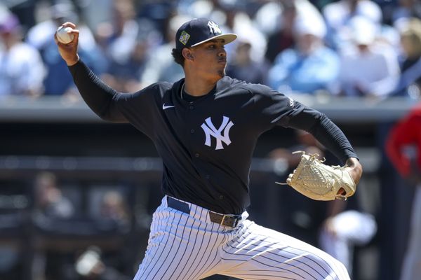 Mar 18, 2026; Tampa, Florida, USA; New York Yankees pitcher Carlos Lagrange (84) throws a pitch against the Boston Red Sox in the fifth inning during spring training at George M. Steinbrenner Field. Mandatory Credit: Nathan Ray Seebeck-Imagn Images