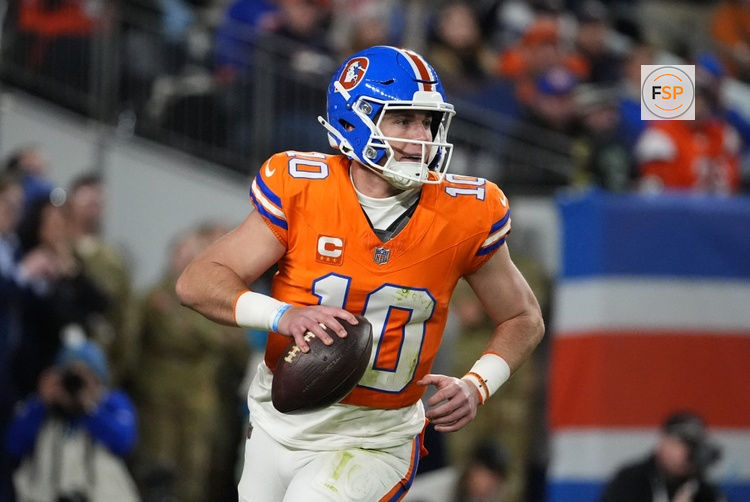 Oct 15, 2026; Denver, Colorado, USA;  Denver Broncos quarterback Bo Nix (10) looks to throw in the second half against the Seattle Seahawks at Empower Field at Mile High.  Credit: Ron Chenoy-Imagn Images