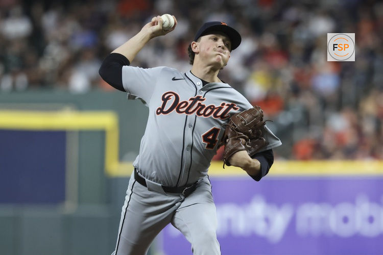Apr 29, 2025; Houston, Texas, USA; Detroit Tigers starting pitcher Reese Olson (45) delivers a pitch during the second inning against the Houston Astros at Daikin Park. Credit: Troy Taormina-Imagn Images