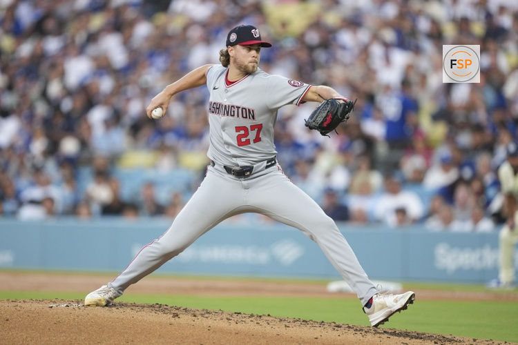 Jun 21, 2025; Los Angeles, California, USA; Washington Nationals pitcher Jake Irvin (27) throws a pitch in the second inning against the Los Angeles Dodgers at Dodger Stadium. Credit: Kirby Lee-Imagn Images
