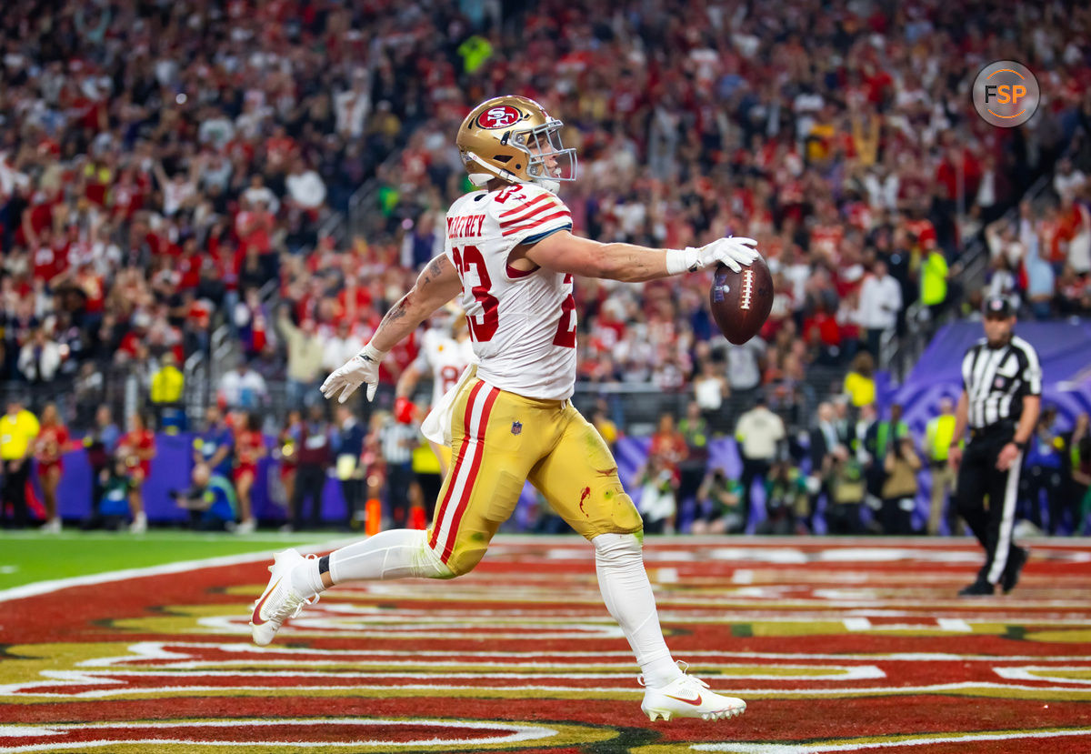 Feb 11, 2024; Paradise, Nevada, USA; San Francisco 49ers running back Christian McCaffrey (23) celebrates after scoring a touchdown in the first half of Super Bowl LVIII at Allegiant Stadium. Credit: Mark J. Rebilas-USA TODAY Sports