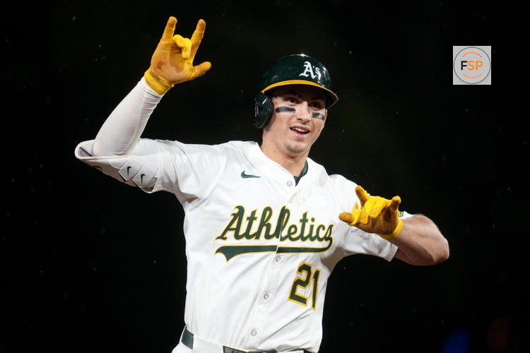 Sep 24, 2025; West Sacramento, California, USA; Athletics left fielder Tyler Soderstrom (21) jogs towards third base after hitting a home run against the Houston Astros in the seventh inning at Sutter Health Park. Credit: Cary Edmondson-Imagn Images