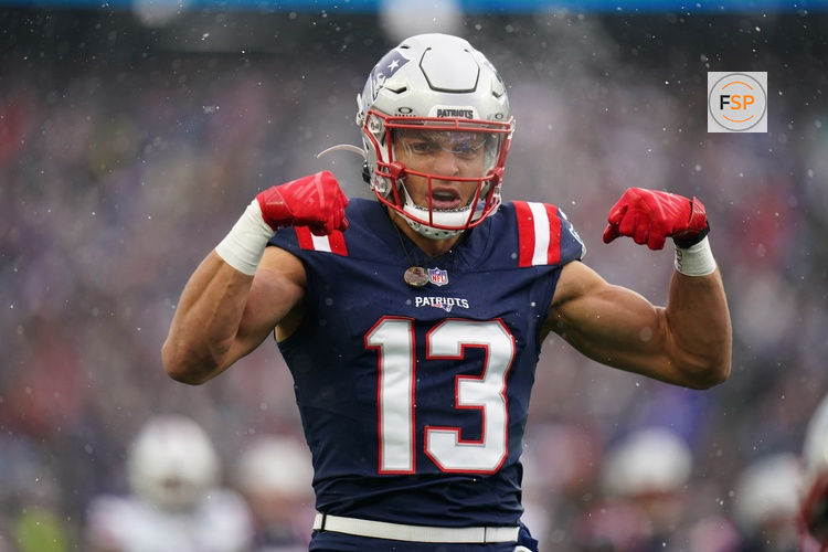 Dec 14, 2025; Foxborough, Massachusetts, USA; New England Patriots wide receiver Mack Hollins (13) reacts after a play against the Buffalo Bills in the first quarter at Gillette Stadium. Credit: David Butler II-Imagn Images