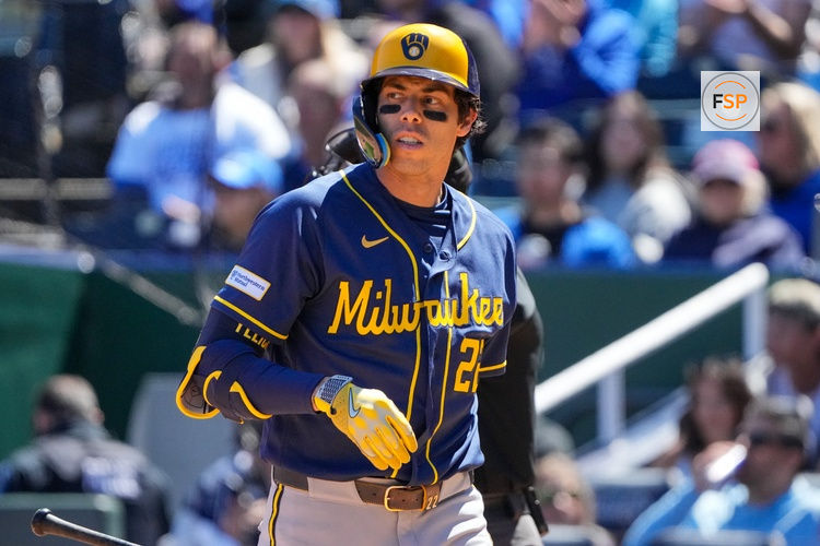 Apr 5, 2026; Kansas City, Missouri, USA; Milwaukee Brewers designated hitter Christian Yelich (22) reacts after striking out against the Kansas City Royals during the third inning at Kauffman Stadium. Credit: Denny Medley-Imagn Images