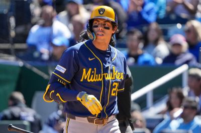 Apr 5, 2026; Kansas City, Missouri, USA; Milwaukee Brewers designated hitter Christian Yelich (22) reacts after striking out against the Kansas City Royals during the third inning at Kauffman Stadium. Mandatory Credit: Denny Medley-Imagn Images
