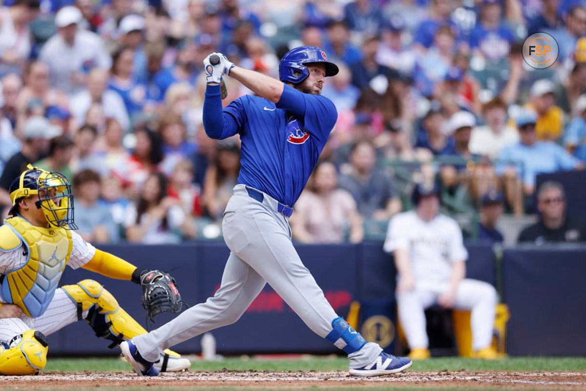 MILWAUKEE, WI - JUNE 29: Chicago Cubs first baseman Michael Busch (29) bats during an MLB game against the Milwaukee Brewers on June 29, 2024 at American Family Field in Milwaukee, Wisconsin. (Photo by Joe Robbins/Icon Sportswire)