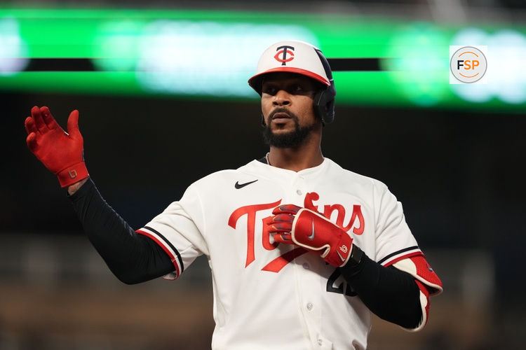 Aug 17, 2026; Minneapolis, Minnesota, USA; Minnesota Twins center fielder Byron Buxton (25) reacts after hitting a single during the fourth inning against the Atlanta Braves at Target Field. Credit: Jordan Johnson-Imagn Images