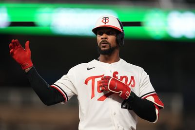 Aug 17, 2026; Minneapolis, Minnesota, USA; Minnesota Twins center fielder Byron Buxton (25) reacts after hitting a single during the fourth inning against the Atlanta Braves at Target Field. Mandatory Credit: Jordan Johnson-Imagn Images