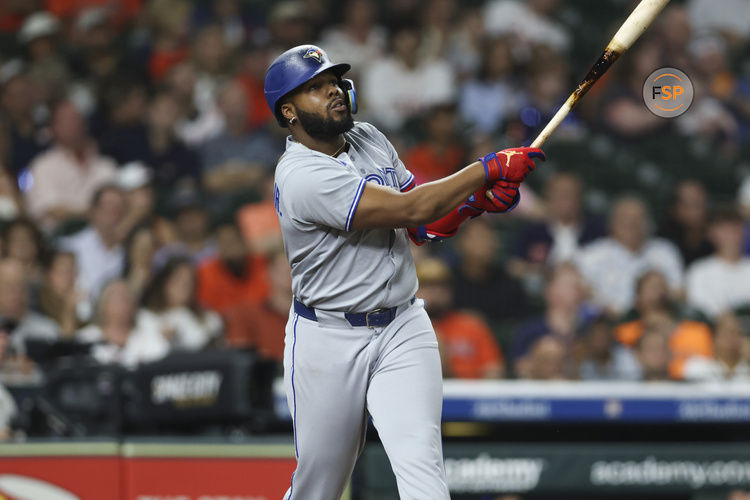 Apr 22, 2025; Houston, Texas, USA; Toronto Blue Jays designated hitter Vladimir Guerrero Jr. (27) bats during the sixth inning against the Houston Astros at Daikin Park. Credit: Troy Taormina-Imagn Images
