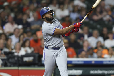Apr 22, 2025; Houston, Texas, USA; Toronto Blue Jays designated hitter Vladimir Guerrero Jr. (27) bats during the sixth inning against the Houston Astros at Daikin Park. Mandatory Credit: Troy Taormina-Imagn Images