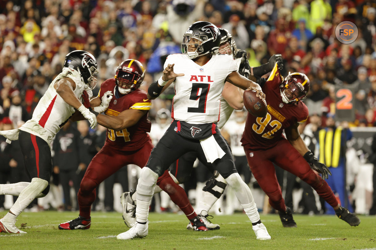 Dec 29, 2024; Landover, Maryland, USA; Atlanta Falcons quarterback Michael Penix Jr. (9) throws the ball against the Washington Commanders during the second half against the Atlanta Falcons at Northwest Stadium. Credit: Amber Searls-Imagn Images