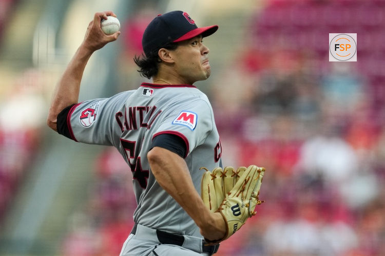 Jul 29, 2026; Cincinnati, Ohio, USA;  Cleveland Guardians pitcher Joey Cantillo throws against the Cincinnati Reds in the first inning at Great American Ball Park. Credit: Aaron Doster-Imagn Images