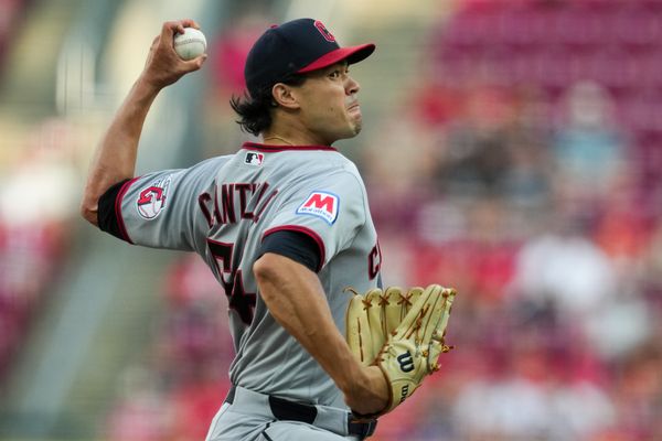Jul 29, 2026; Cincinnati, Ohio, USA;  Cleveland Guardians pitcher Joey Cantillo throws against the Cincinnati Reds in the first inning at Great American Ball Park. Mandatory Credit: Aaron Doster-Imagn Images