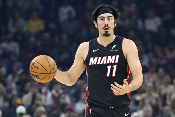 Mar 25, 2026; Cleveland, Ohio, USA; Miami Heat forward Jaime Jaquez Jr. (11) brings the ball up court in the first quarter against the Cleveland Cavaliers at Rocket Arena. Mandatory Credit: David Richard-Imagn Images