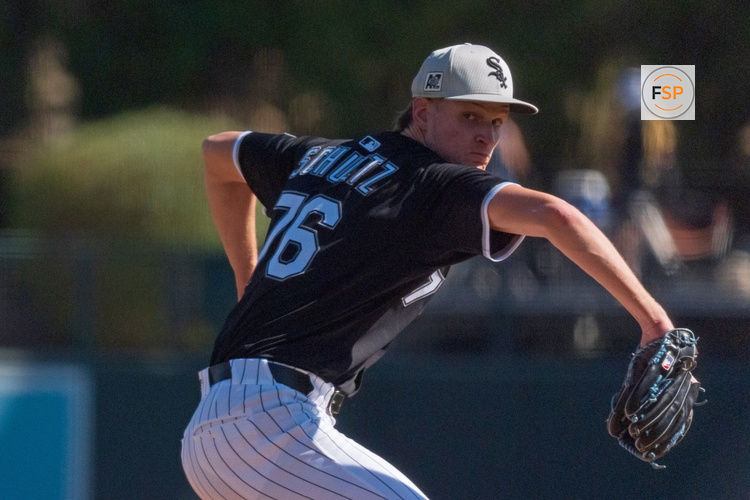 Feb 26, 2025; Phoenix, Arizona, USA; Chicago White Sox pitcher Noah Schultz (76) throws the first pitches of his major league career during the fifth inning of a spring training game against the San Diego Padres at Camelback Ranch. Credit: Allan Henry-Imagn Images 