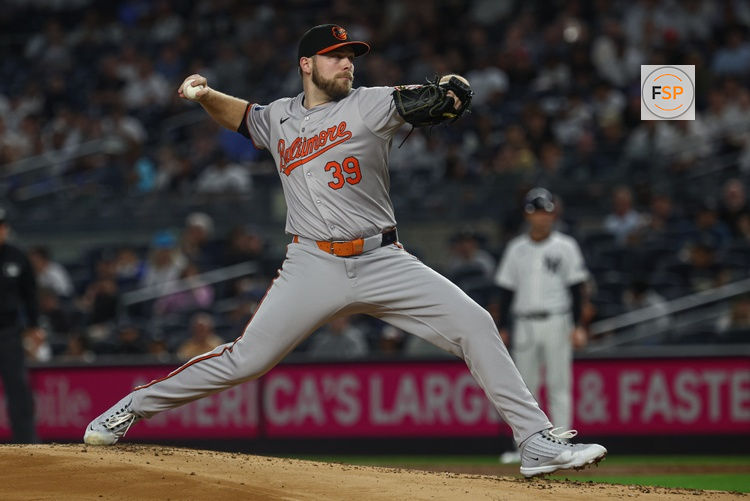 Sep 26, 2024; Bronx, New York, USA; Baltimore Orioles starting pitcher Corbin Burnes (39) delivers a pitch during the first inning against the New York Yankees at Yankee Stadium. Credit: Vincent Carchietta-Imagn Images