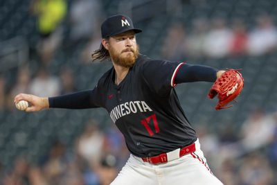 Aug 26, 2024; Minneapolis, Minnesota, USA; Minnesota Twins starting pitcher Bailey Ober (17) delivers a pitch against the Atlanta Braves in the first inning at Target Field. Mandatory Credit: Jesse Johnson-USA TODAY Sports