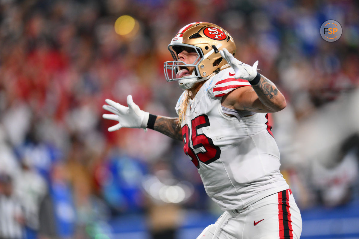 Oct 10, 2024; Seattle, Washington, USA; San Francisco 49ers tight end George Kittle (85) celebrates after scoring a touchdown against the Seattle Seahawks during the second half at Lumen Field. Credit: Steven Bisig-Imagn Images