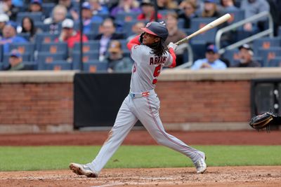 Apr 30, 2026; New York City, New York, USA; Washington Nationals shortstop CJ Abrams (5) follows through on a two run home run against the New York Mets during the eighth inning at Citi Field. Mandatory Credit: Brad Penner-Imagn Images