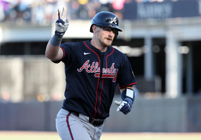 Apr 12, 2025; St. Petersburg, Florida, USA; Atlanta Braves catcher Sean Murphy (12) runs around the bases after hitting a home run during the eighth inning against the Tampa Bay Rays at George M. Steinbrenner Field. Mandatory Credit: Kim Klement Neitzel-Imagn Images
