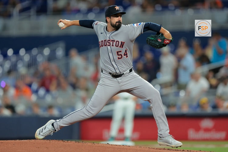 Aug 4, 2025; Miami, Florida, USA; Houston Astros starting pitcher Jason Alexander (54) delivers a pitch against the Miami Marlins during the first inning at loanDepot Park. Credit: Sam Navarro-Imagn Images