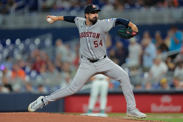 Aug 4, 2025; Miami, Florida, USA; Houston Astros starting pitcher Jason Alexander (54) delivers a pitch against the Miami Marlins during the first inning at loanDepot Park. Mandatory Credit: Sam Navarro-Imagn Images