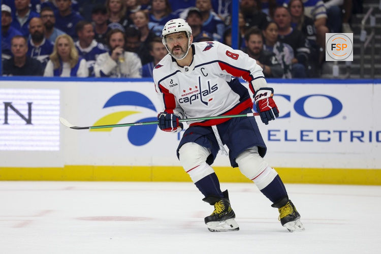 Oct 3, 2026; Tampa, Florida, USA; Washington Capitals left wing Alex Ovechkin (8) looks on against the Tampa Bay Lightning in the second period at Benchmark International Arena. Credit: Nathan Ray Seebeck-Imagn Images