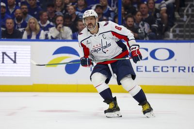Oct 3, 2026; Tampa, Florida, USA; Washington Capitals left wing Alex Ovechkin (8) looks on against the Tampa Bay Lightning in the second period at Benchmark International Arena. Mandatory Credit: Nathan Ray Seebeck-Imagn Images