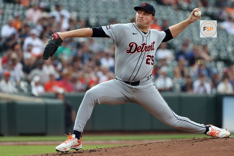 Jun 12, 2025; Baltimore, Maryland, USA; Detroit Tigers pitcher Tarik Skubal (29) throws during the first inning against the Baltimore Orioles at Oriole Park at Camden Yards. Credit: Daniel Kucin Jr.-Imagn Images